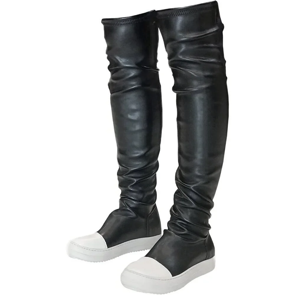 Women Black Polyurethane (PU) Flat Over The Knee Round Toe Thigh High Boots